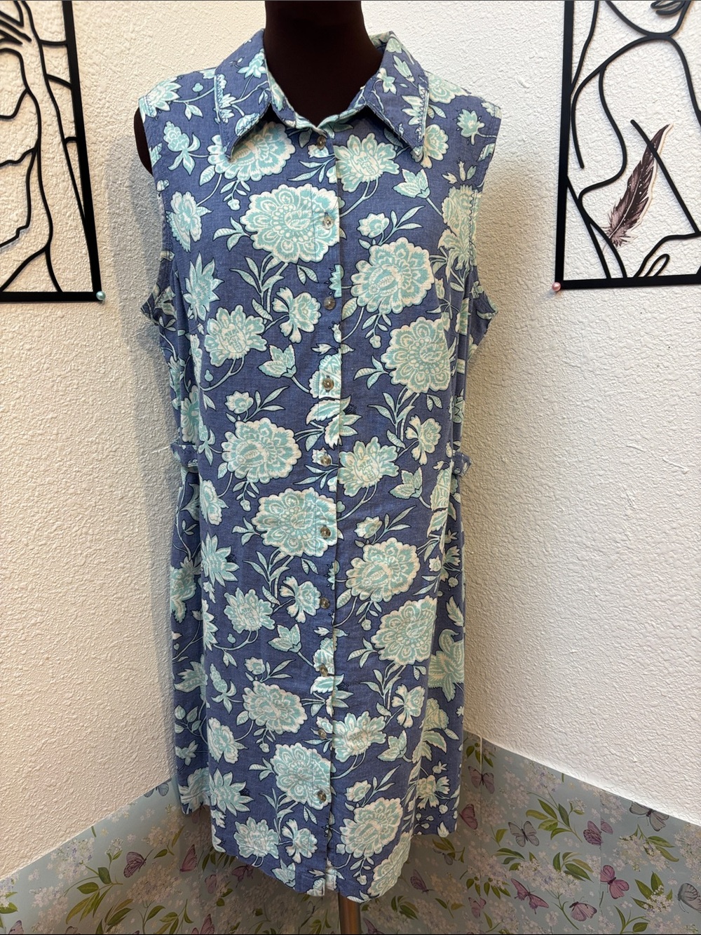 Vintage 1990’s White Stag sleeveless linen blend blue & teal floral dress Size L